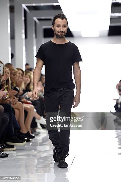 Creative director Anthony Vaccarello appears at on the runway at the Versus show during London Fashion Week Spring/Summer 2016 on September 19, 2015...