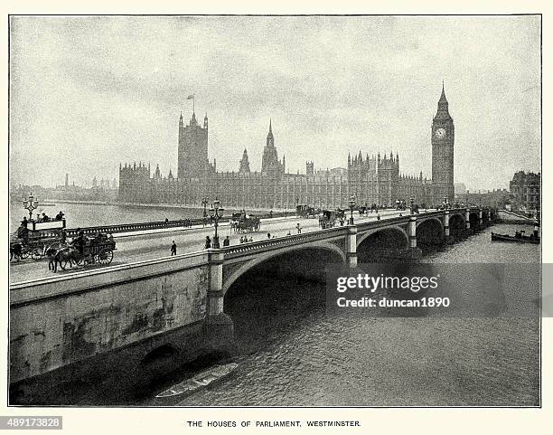ilustraciones, imágenes clip art, dibujos animados e iconos de stock de casas del parlamento y westminster bridge, londres, 1897 - carruaje