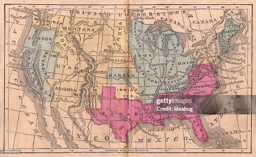 Antique 1867 Estados Unidos mapa, a geografia e a história, Cartografia