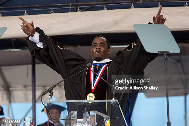 Entrepreneur and philanthropist Sean "Diddy" Combs delivers the commencement speech at Howard University's 146th commencement exercises on May 10,...