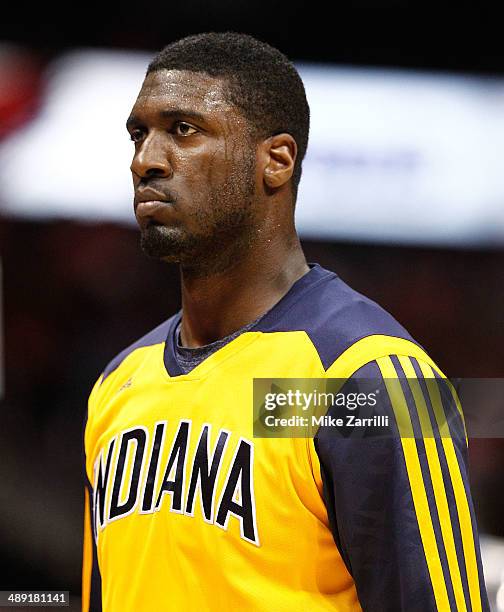 Center Roy Hibbert of the Indiana Pacers walks to the bench before Game Six of the Eastern Conference Quarterfinals against the Atlanta Hawks during...