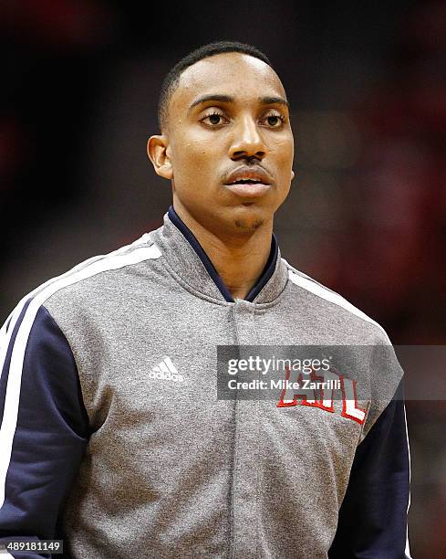 Guard Jeff Teague of the Atlanta Hawks warms up before Game Six of the Eastern Conference Quarterfinals against the Indiana Pacers during the 2014...