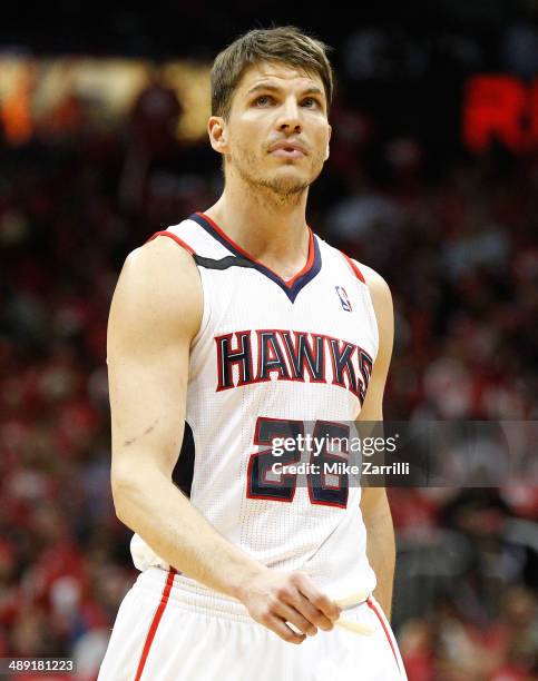 Guard Kyle Korver of the Atlanta Hawks looks up at the scoreboard during Game Six of the Eastern Conference Quarterfinals against the Indiana Pacers...