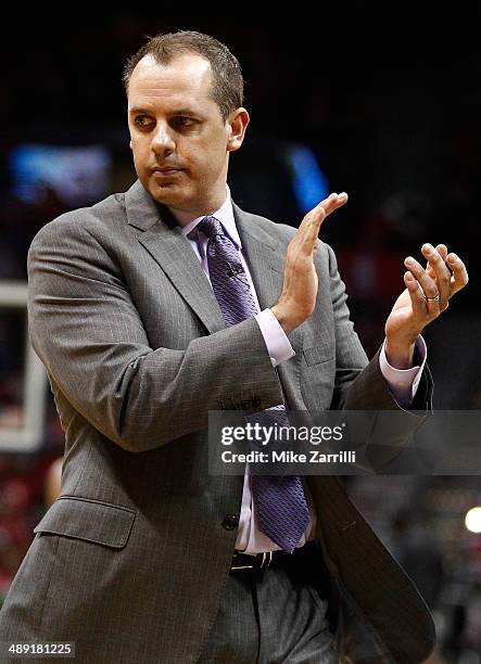 Indiana Pacers head coach Frank Vogel claps in Game Six of the Eastern Conference Quarterfinals against the Atlanta Hawks during the 2014 NBA...