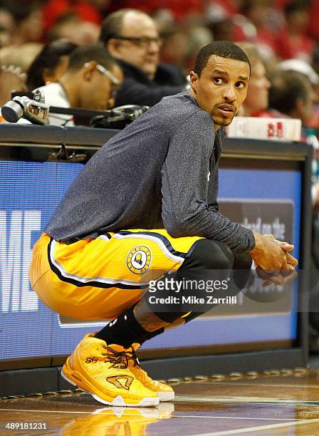 Guard George Hill of the Indiana Pacers waits to get in the game during Game Six of the Eastern Conference Quarterfinals against the Atlanta Hawks...