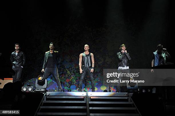 Siva Kaneswaran, Tom Parker, Max George, Nathan Sykes and Jay McGuiness of The Wanted perform at Fillmore Miami Beach on May 9, 2014 in Miami Beach,...