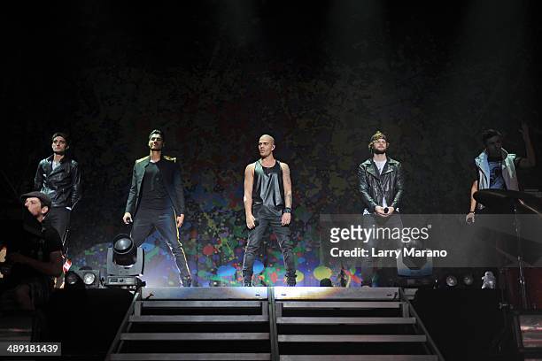 Siva Kaneswaran, Tom Parker, Max George, Nathan Sykes and Jay McGuiness of The Wanted perform at Fillmore Miami Beach on May 9, 2014 in Miami Beach,...