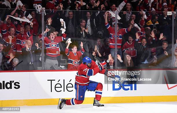 Subban of the Montreal Canadiens celebrates after scoring the second goal against the Boston Bruins in the first period in Game Three of the Second...