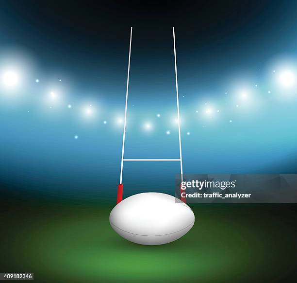 rugby ball on a field - shiny ball with shadow stock illustrations