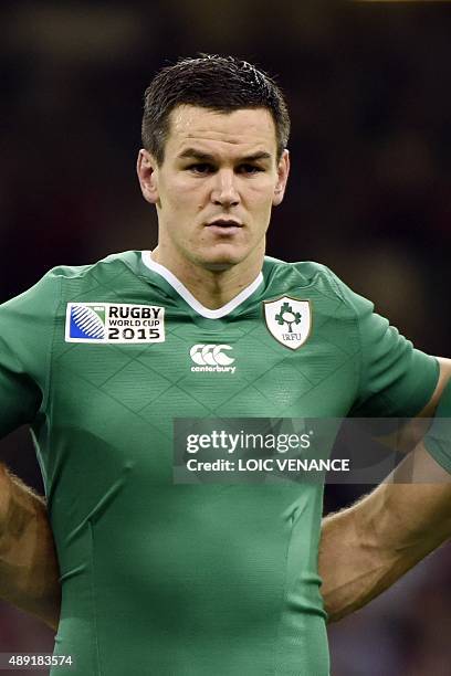 Ireland's fly half Jonathan Sexton stands for the national anthems before the Pool D match of the 2015 Rugby World Cup between Ireland and Canada at...