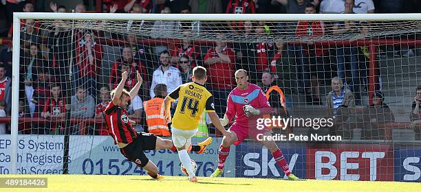 Sam Hoskins of Northampton Town shoots to score his sides 2nd goal during the Sky Bet League Two match between Morecambe and Northampton Town at...