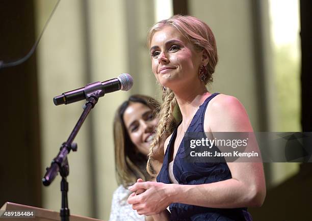 Hosts Ana Ortiz and Brianna Brown speak onstage during the 4th Annual Women Making History Brunch presented by the National Women's History Museum...