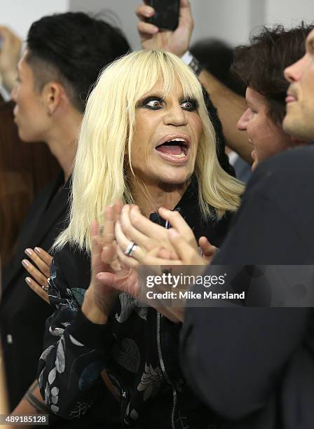 Donatella Versace attends the Versus show during London Fashion Week Spring/Summer 2016/17 on September 19, 2015 in London, England.