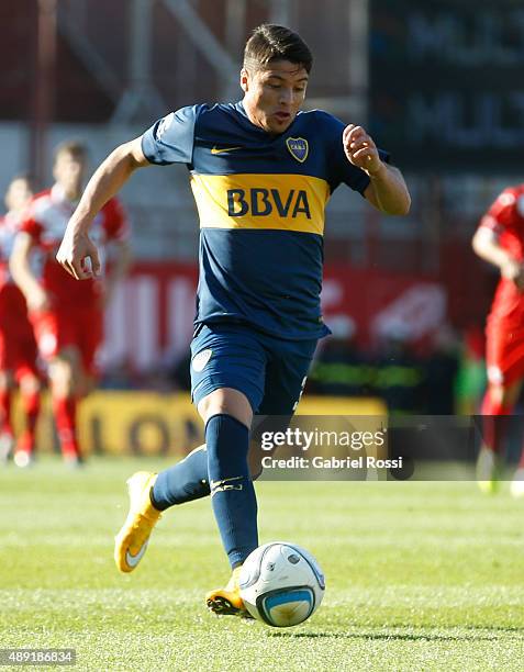Sebastian Palacios of Boca Juniors drives the ball during a match between Argentinos Juniors and Boca Juniors as part of 25th round of Torneo Primera...
