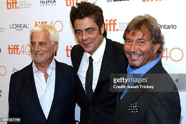 Co-Chairman of Lionsgate Motion Picture Group Rob Friedman, actor Benicio Del Toro and producer Patrick Wachsberger attend the 'Sicario' premiere...