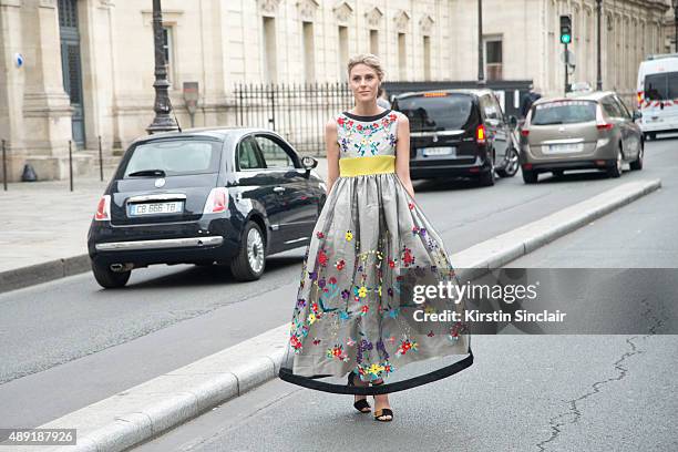 Fashion Blogger Sofie Valkiers wears an Antonio Marras dress, Pierre Hardy shoes and Dior bag on day 4 of Paris Fashion Week Haute Couture...