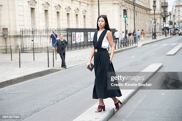 Guest wears Celine on day 4 of Paris Fashion Week Haute Couture Autumn/Winter 2015 on July 8, 2015 in Paris, France.