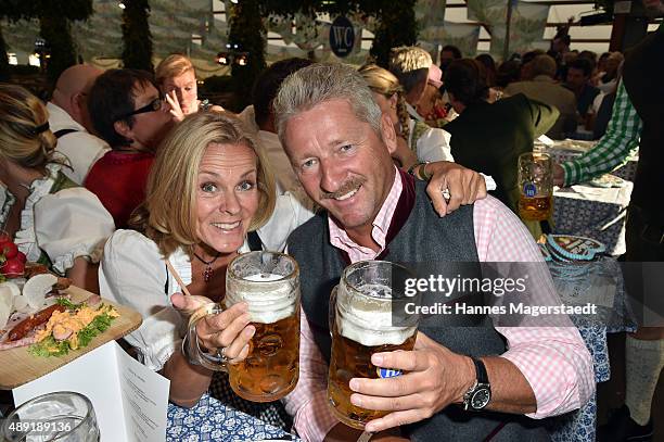 Andrea L'Arronge and Charly Reichenwallner sighted at the Hofbraeu beer tent during the Oktoberfest 2015 Opening at Theresienwiese on September 19,...