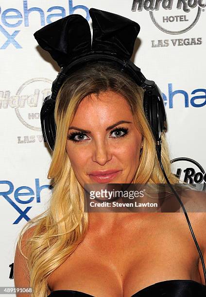 Television personality/DJ Crystal Hefner arrives at the Hard Rock Hotel & Casino during the resort's Rehab pool party on September 20, 2015 in Las...