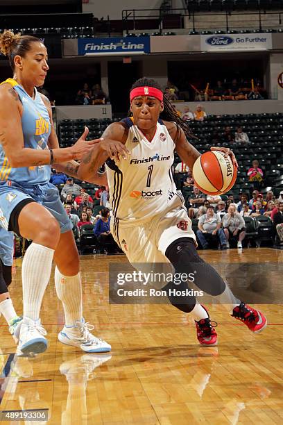 Shavonte Zellous of the Indiana Fever drives to the basket against the Chicago Sky in Game Two of the WNBA Eastern Conference Semifinals at Bankers...
