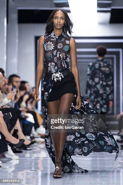Model walks the runway at the Versus show during London Fashion Week Spring/Summer 2016/17 on September 19, 2015 in London, England.