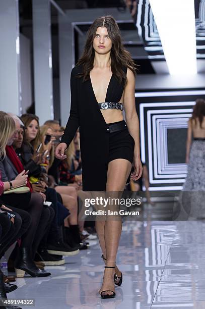 Model walks the runway at the Versus show during London Fashion Week Spring/Summer 2016/17 on September 19, 2015 in London, England.