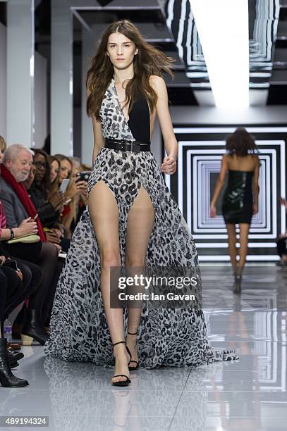 Model walks the runway at the Versus show during London Fashion Week Spring/Summer 2016/17 on September 19, 2015 in London, England.