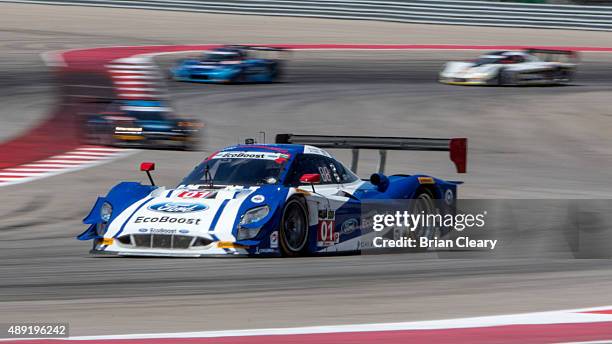 The Ford Riley of Joey Hand and Scott Pruett is shown in action during the IMSA Tudor Series race at Circuit of The Americas on September 19, 2015 in...