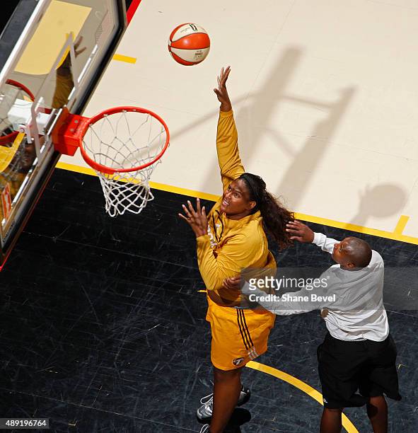 Courtney Paris of the Tulsa Shock warms up before Game Two of the WNBA Western Conference Semifinals against the Phoenix Mercury on September 19,...
