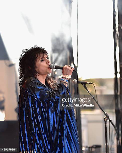 Singer Luke Spiller of The Struts performs onstage at The Daytime Village during the 2015 iHeartRadio Music Festival at the Las Vegas Village on...
