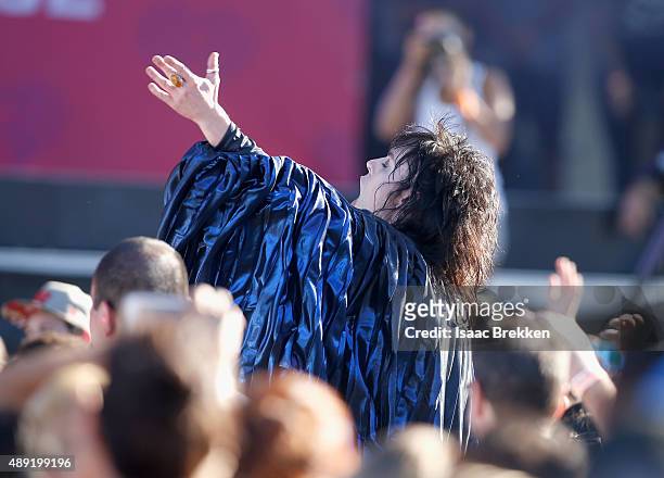 Singer Luke Spiller of The Struts performs onstage at The Daytime Village during the 2015 iHeartRadio Music Festival at the Las Vegas Village on...