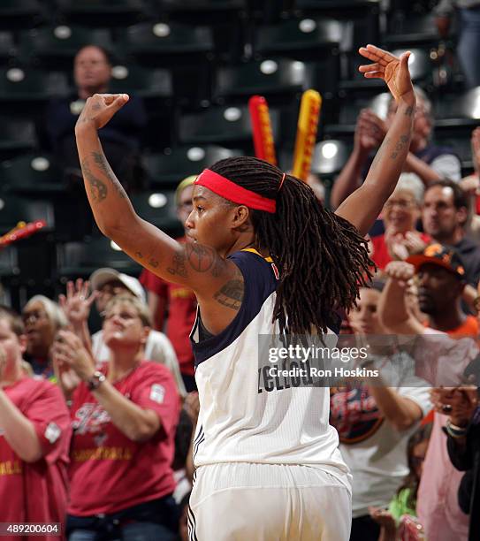 Shavonte Zellous of the Indiana Fever celebrates against the Chicago Sky in Game Two of the WNBA Eastern Conference Semifinals at Bankers Life...