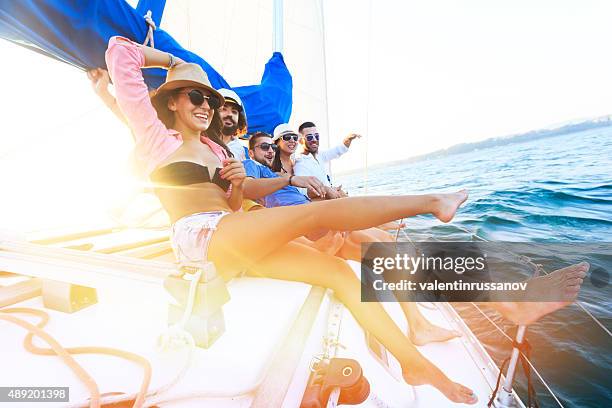 happy sailing crew on sailboat - croatia sailing stock pictures, royalty-free photos & images