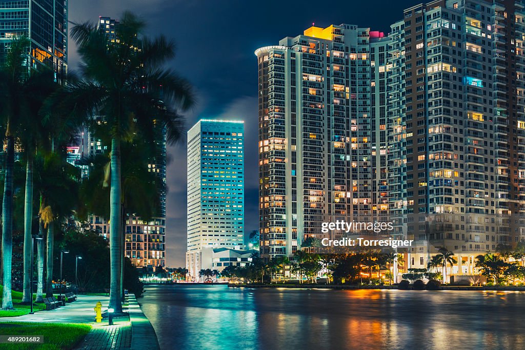 The Miami City Viewed from Miami River at Night