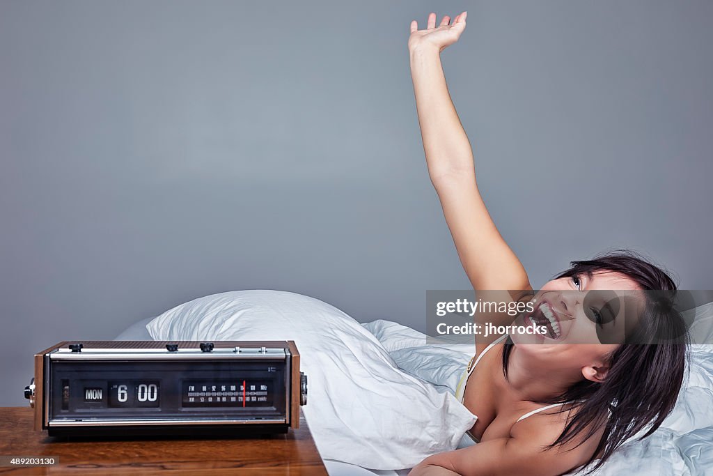 Enthusiastic Woman Waking Up on Monday Morning