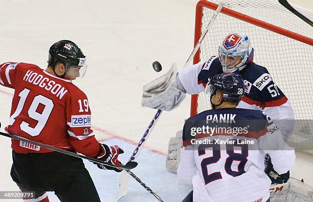 Cody Hodgson of Canada watches the puck with Richard Panik and Jan Laco of Slovakia during the 2014 IIHF World Championship between Canada and...