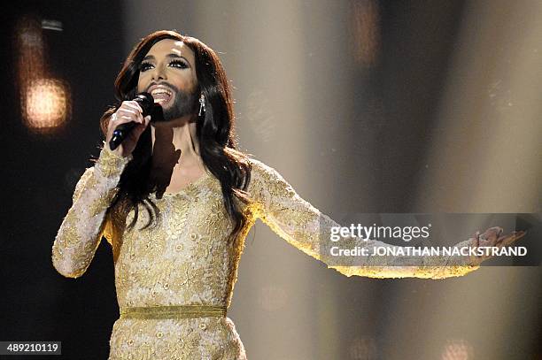 Conchita Wurst representing Austria performs during the Eurovision Song Contest 2014 Grand Final in Copenhagen, Denmark, on May 10, 2014. AFP...
