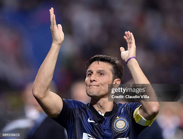 Captain of FC Inter Milano Javier Zanetti after the last match of his career at San Siro Stadium the Serie A match between FC Internazionale Milano...