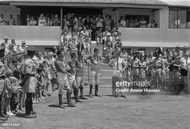 British army officer Andrew Parker Bowles playing polo in Kenya during a visit by Prince Charles, 1971.