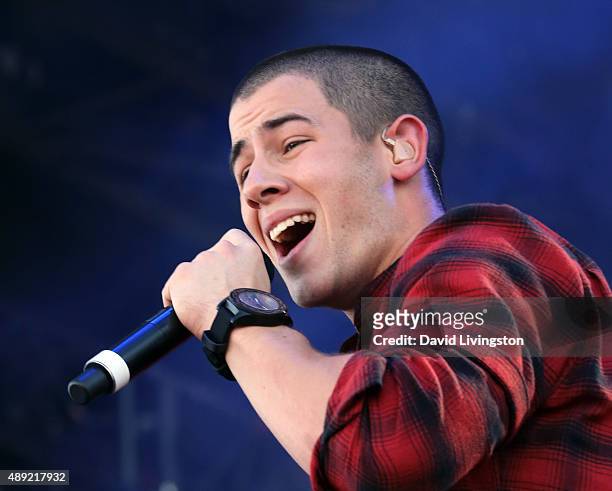 Singer Nick Jonas performs on stage at the 2015 iHeartRadio Music Festival Daytime Village on September 19, 2015 in Las Vegas, Nevada.