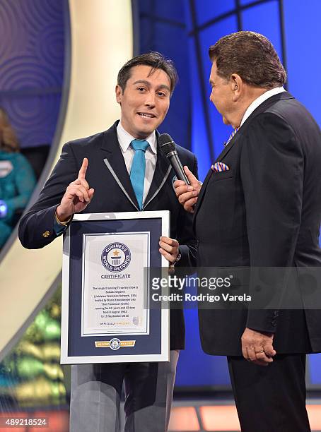 Carlos Martinez presents Don Francisco with a Guinness World Record certification for the 4th time to Sábado Gigante as the longest-running weekly...