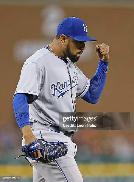 Franklin Morales of the Kansas City Royals reacts after getting Rajai Davis and Alex Avila of the Detroit Tigers out in a bunt double play during the...