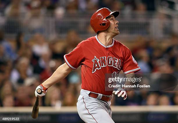 David Murphy of the Los Angeles Angels of Anaheim hits an RBI single against the Minnesota Twins during the sixth inning in the second game of a...