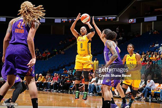 Odyssey Sims of the Tulsa Shock shoots the ball against the Phoenix Mercury during Game Two of the WNBA Western Conference Semifinals on September...