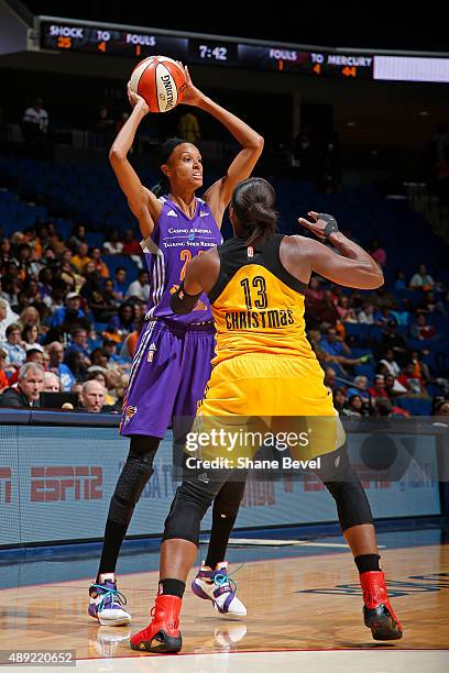 DeWanna Bonner of the Phoenix Mercury looks to pass the ball against the Tulsa Shock during Game Two of the WNBA Western Conference Semifinals on...