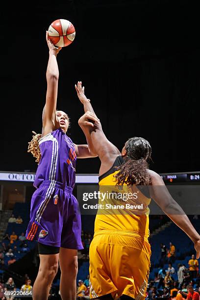 Brittney Griner of the Phoenix Mercury shoots the ball against the Tulsa Shock during Game Two of the WNBA Western Conference Semifinals on September...