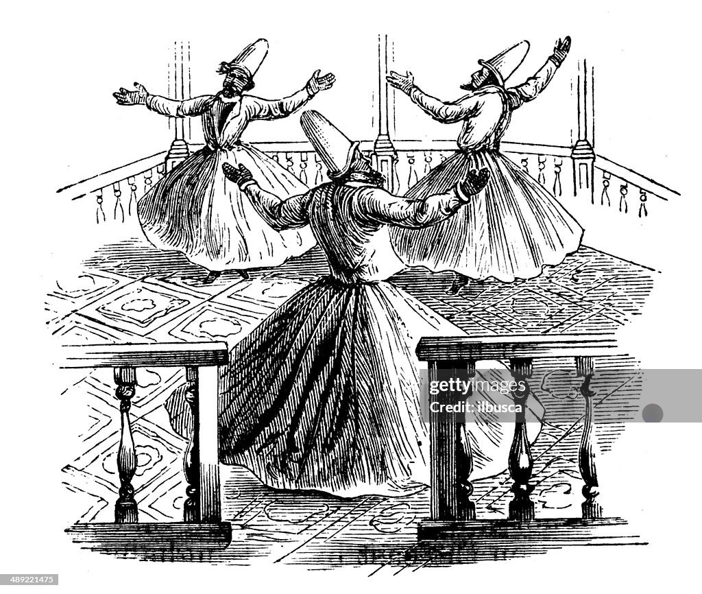 Antique illustration of Mevlevis or Dancing Dervishes