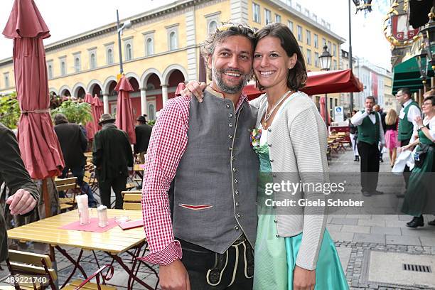 Opera Singer Jonas Kaufmann and his girlfriend Christiane Lutz during the 'Fruehstueck bei Tiffany' at Tiffany Store ahead of the Oktoberfest 2015 on...