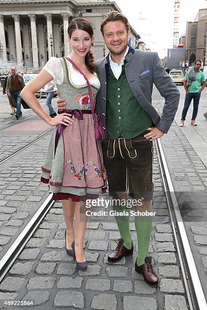 Sophie Wepper and her boyfriend David Meister during the 'Fruehstueck bei Tiffany' at Tiffany Store ahead of the Oktoberfest 2015 on September 19,...