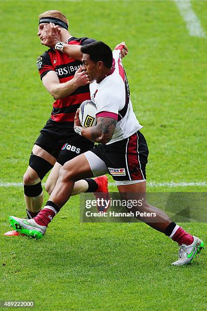 Pita Ahki of North Harbour fends off Johnny McNicholl of Canterbury during the round six ITM Cup match between North Harbour and Canterbury at QBE...